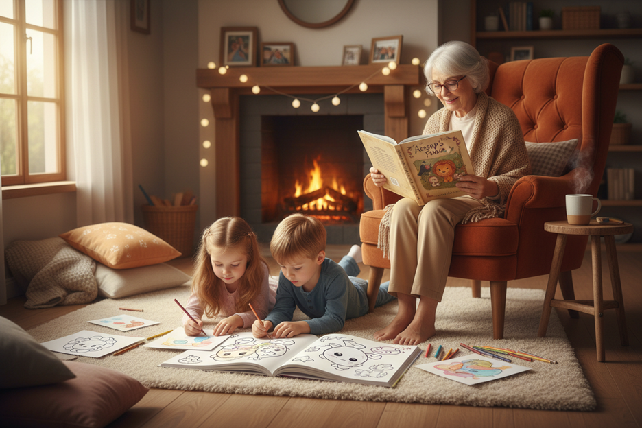 Abuela leyendo fábulas y niños coloreando libro kawaii en familia