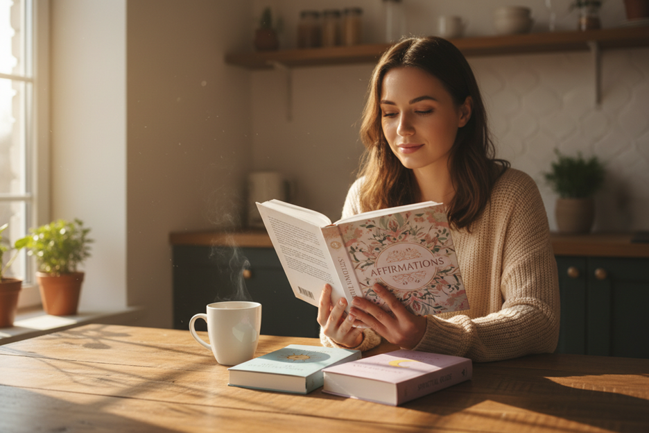 Mujer con café leyendo libro de afirmaciones por la mañana