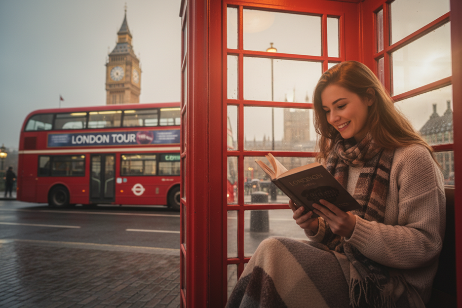 Mujer en cabina telefónica roja de Londres leyendo - inglés británico