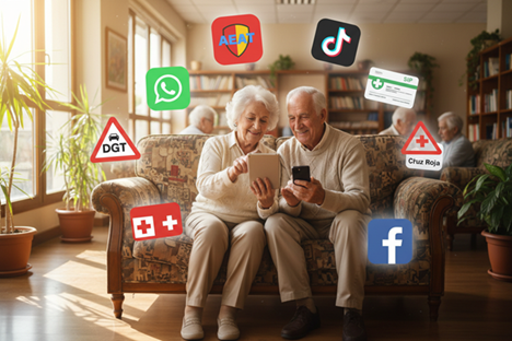 Persona mayor aprendiendo a usar internet y el móvil en casa - alfabetización digital para mayores