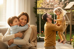 Madre con hijo y padre con hija - familias monoparentales