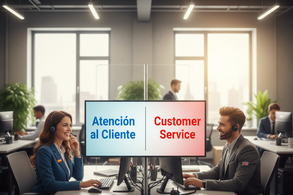 Agentes bilingües de atención al cliente en oficina moderna - español e inglés