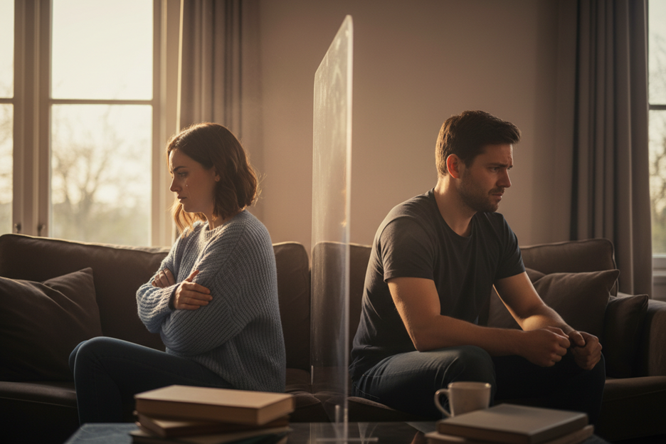 Pareja distanciada en el sofá - autosabotaje en las relaciones