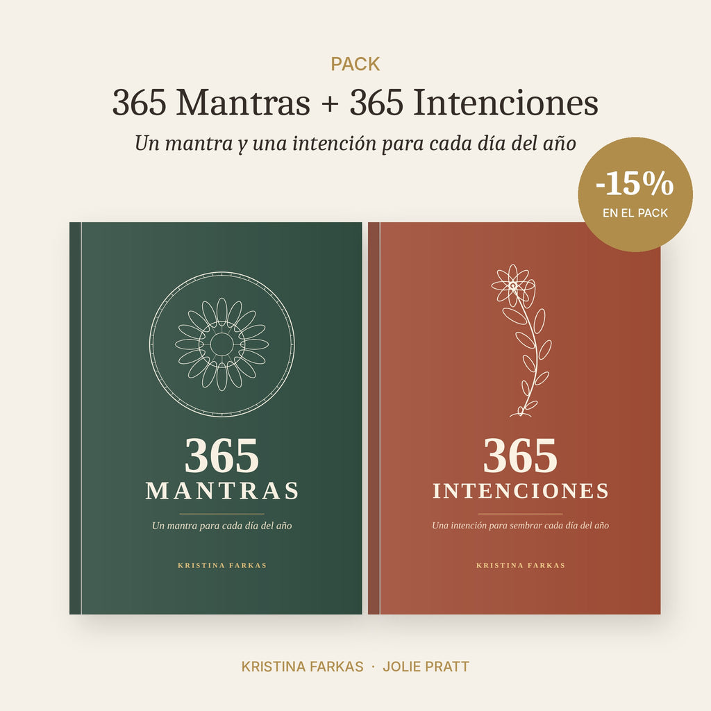 Pack de libros 365 Mantras y 365 Intenciones de Kristina Farkas, portadas verde y terracota, con un 15% de descuento