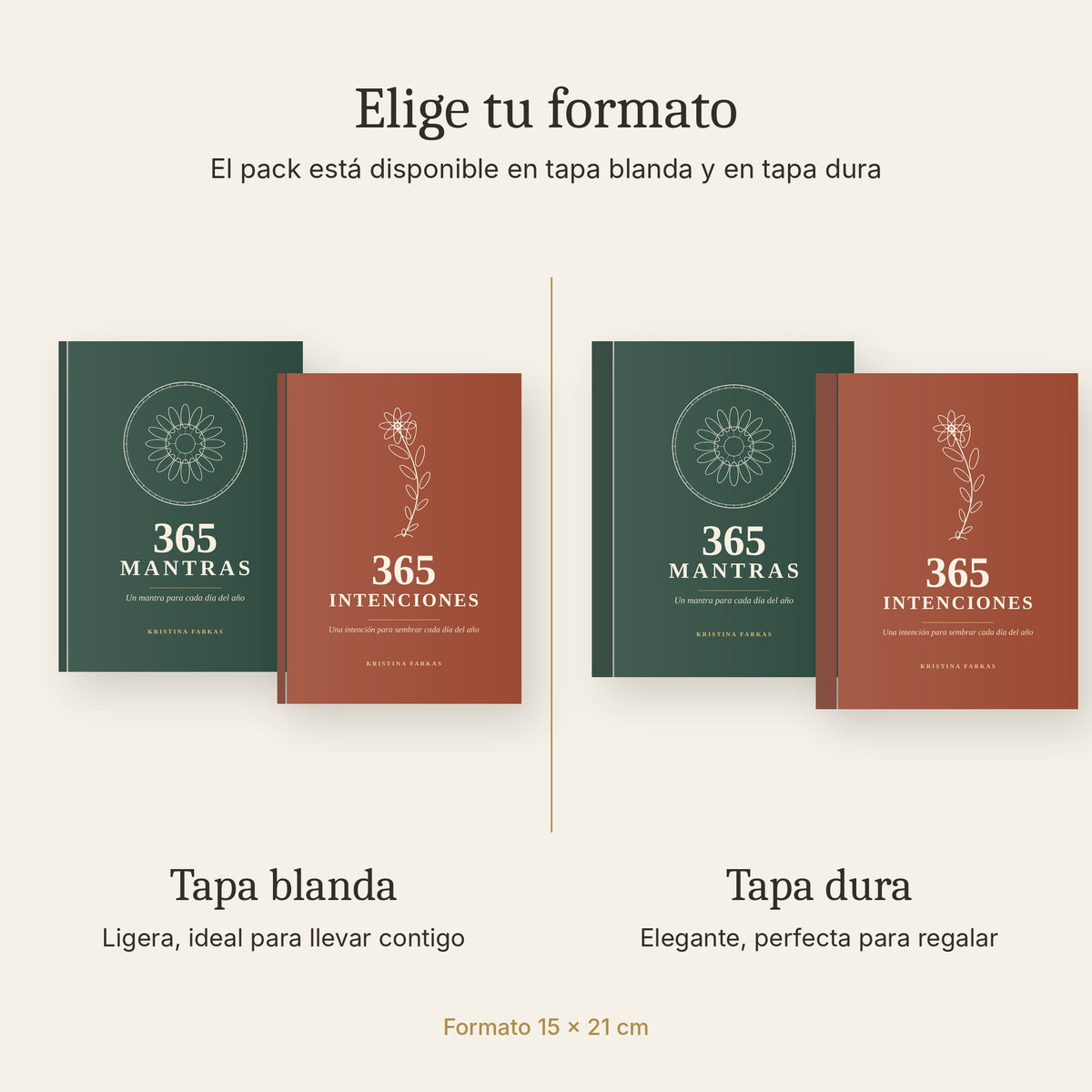 Pack 365 Mantras y 365 Intenciones disponible en tapa blanda y tapa dura, formato 15 x 21 cm