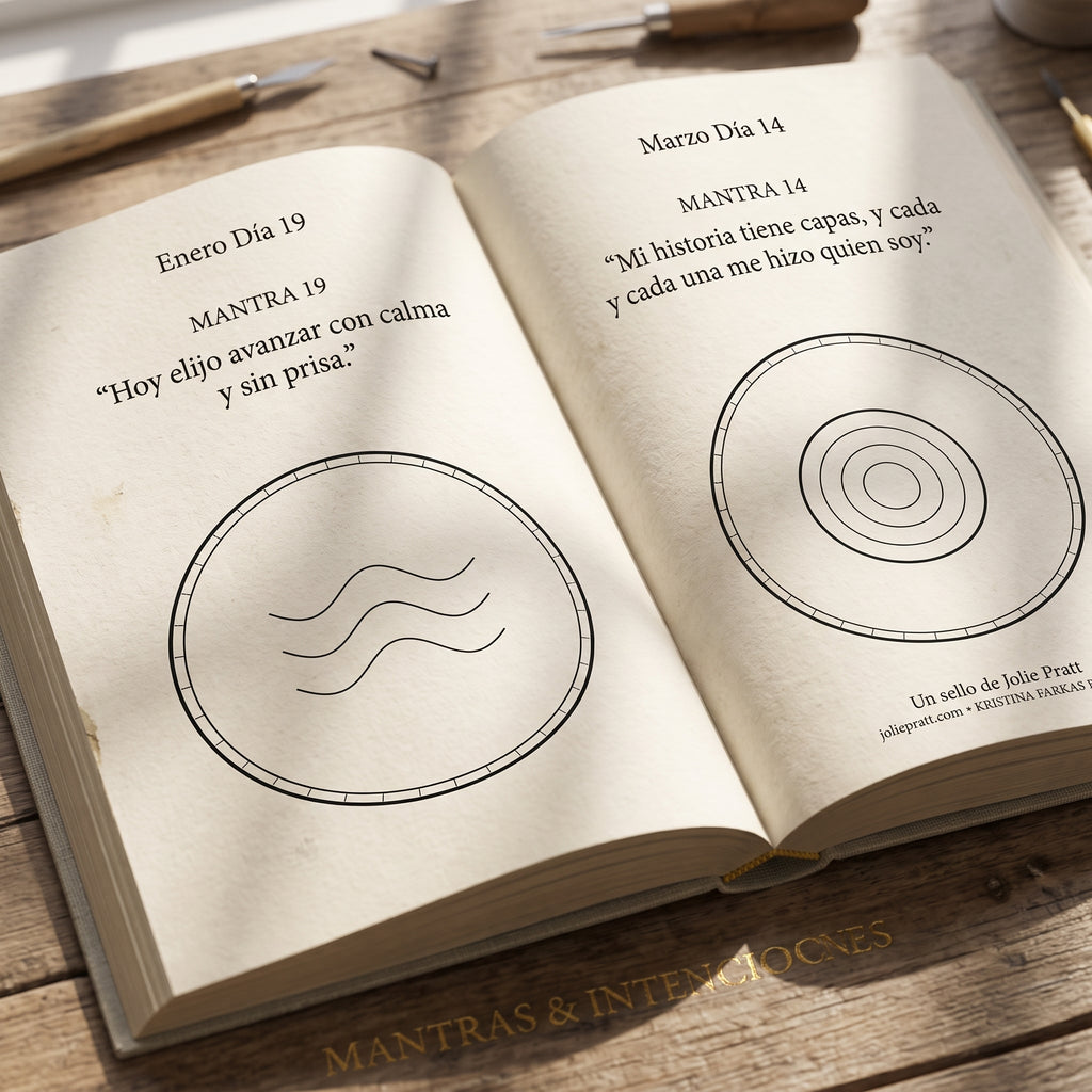 Libro 365 Mantras de Kristina Farkas abierto mostrando dos páginas con mantras diarios e ilustraciones tipo mandala para contemplar o colorear