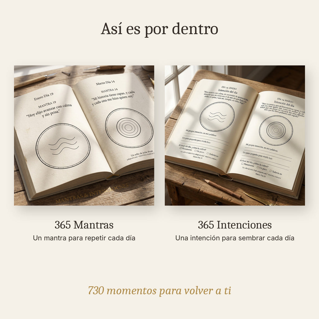 Interior de los libros 365 Mantras y 365 Intenciones abiertos, con el mantra y la intención de cada día