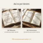 Interior de los libros 365 Mantras y 365 Intenciones abiertos, con el mantra y la intención de cada día