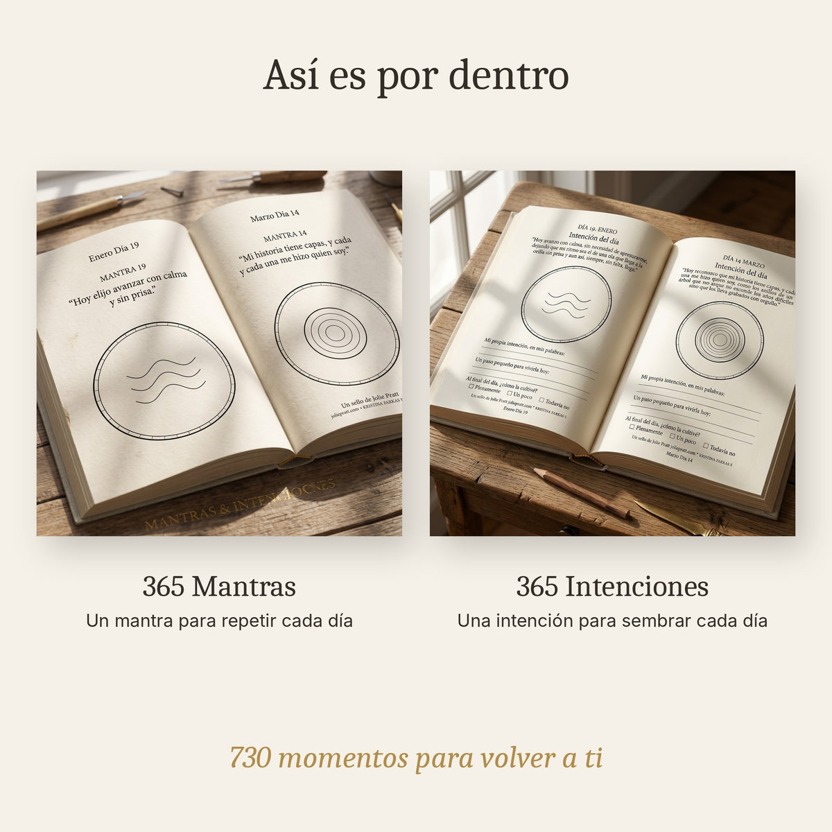 Interior de los libros 365 Mantras y 365 Intenciones abiertos, con el mantra y la intención de cada día