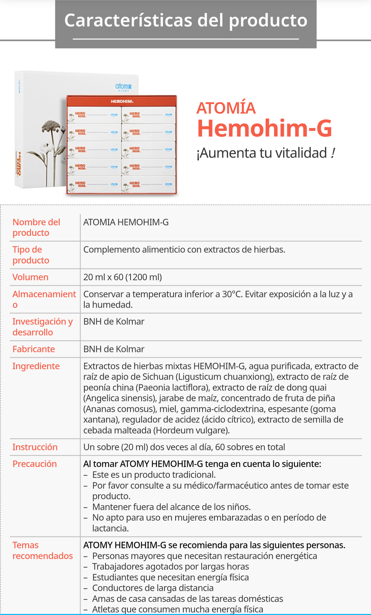 Suplemento Energético e Inmunológico Hemohim-G 4 Cajas, 60 Sobres de 20ml c/u - vista adicional del producto (4) - Cosmética Coreana Atomy