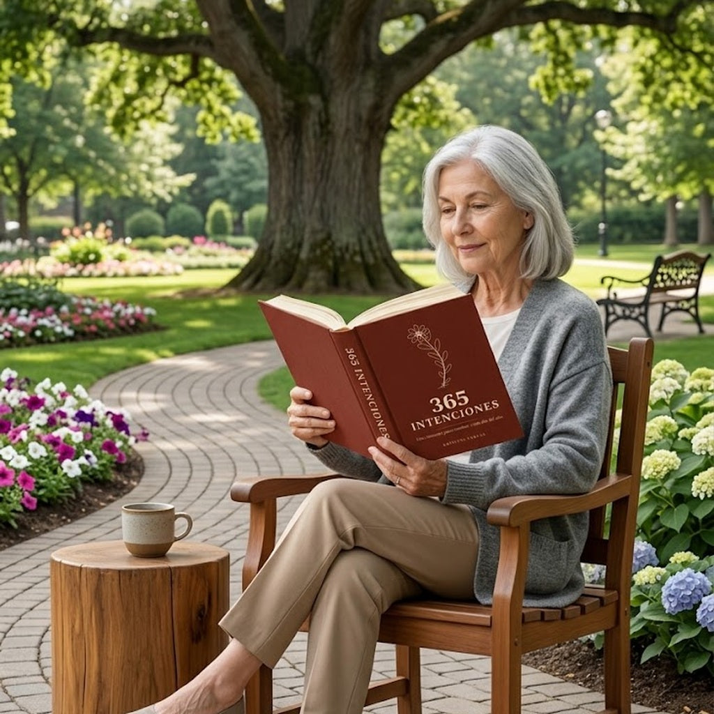 Mujer leyendo el libro 365 Intenciones de Kristina Farkas al aire libre en un jardín, momento de reflexión y conexión con la naturaleza