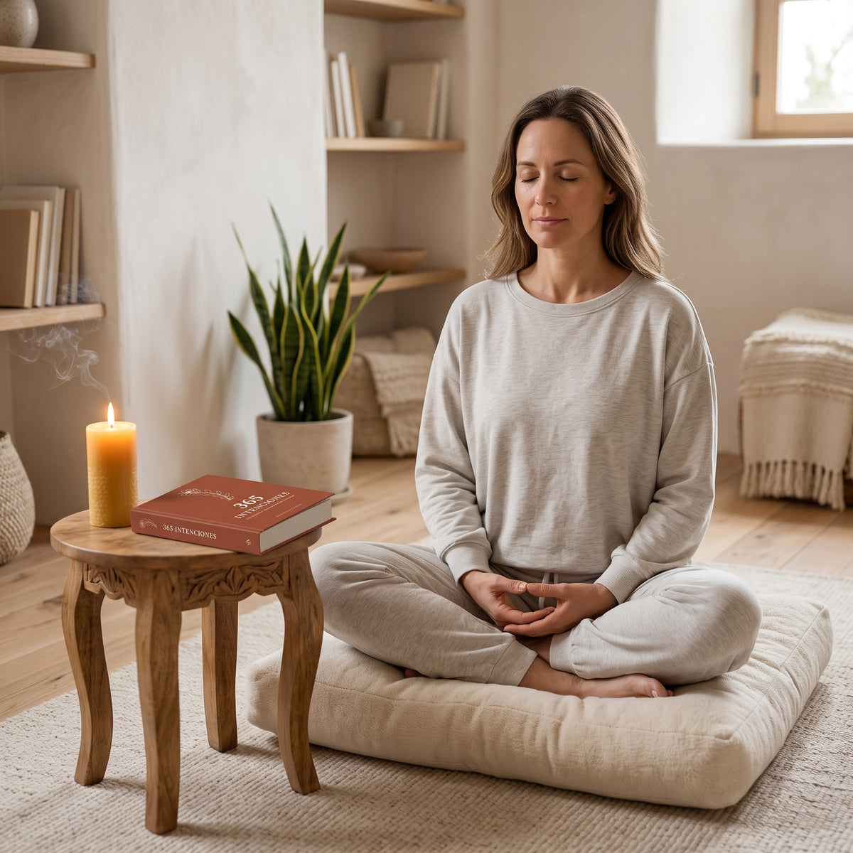 Mujer meditando junto a una vela con el libro 365 Intenciones de Kristina Farkas cerca, ritual diario de calma y buena energía