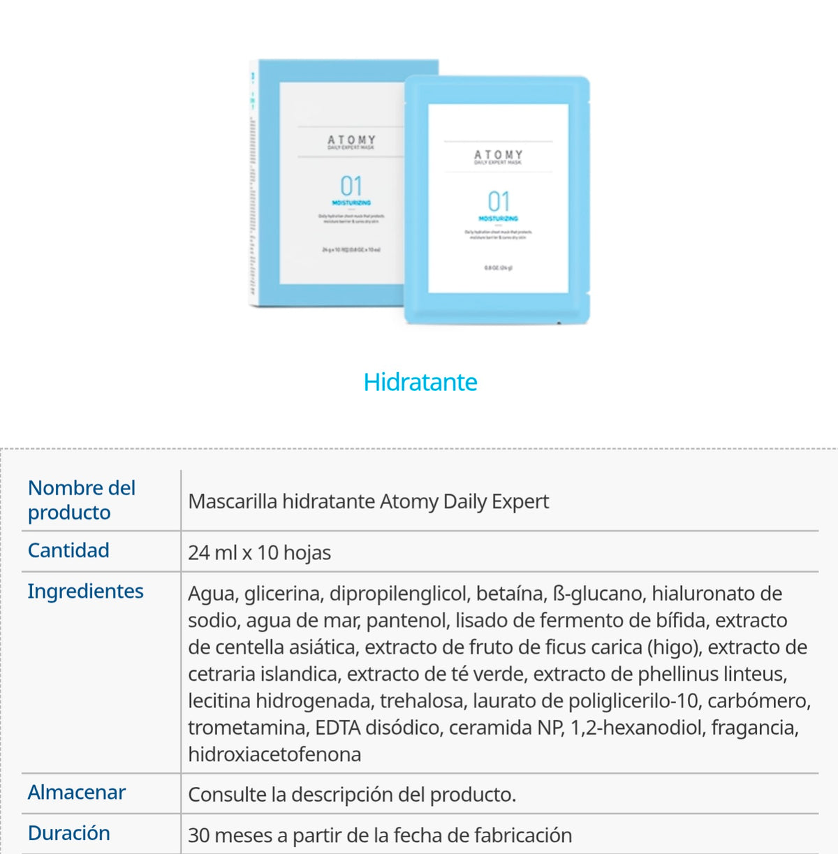 Mascarilla Diaria en Hoja 10 Sobres x 24g, con Colágeno, Péptidos y Ginseng - presentación y envase del producto - Cosmética Coreana Atomy