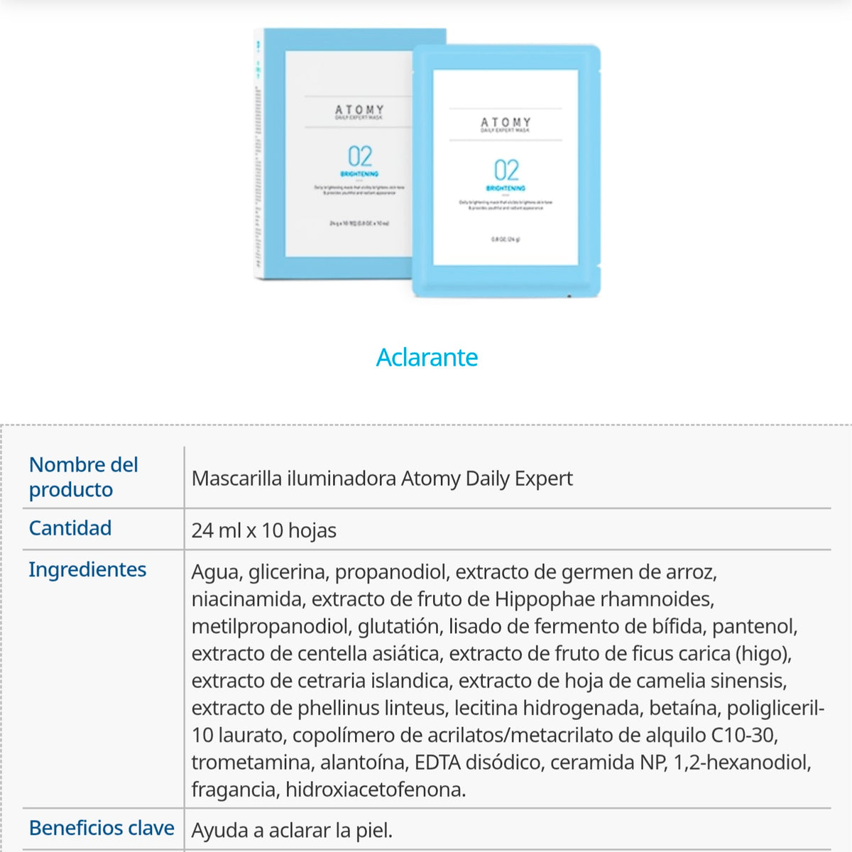 Mascarilla Diaria en Hoja 10 Sobres x 24g, con Colágeno, Péptidos y Ginseng - presentación y envase del producto - Cosmética Coreana Atomy