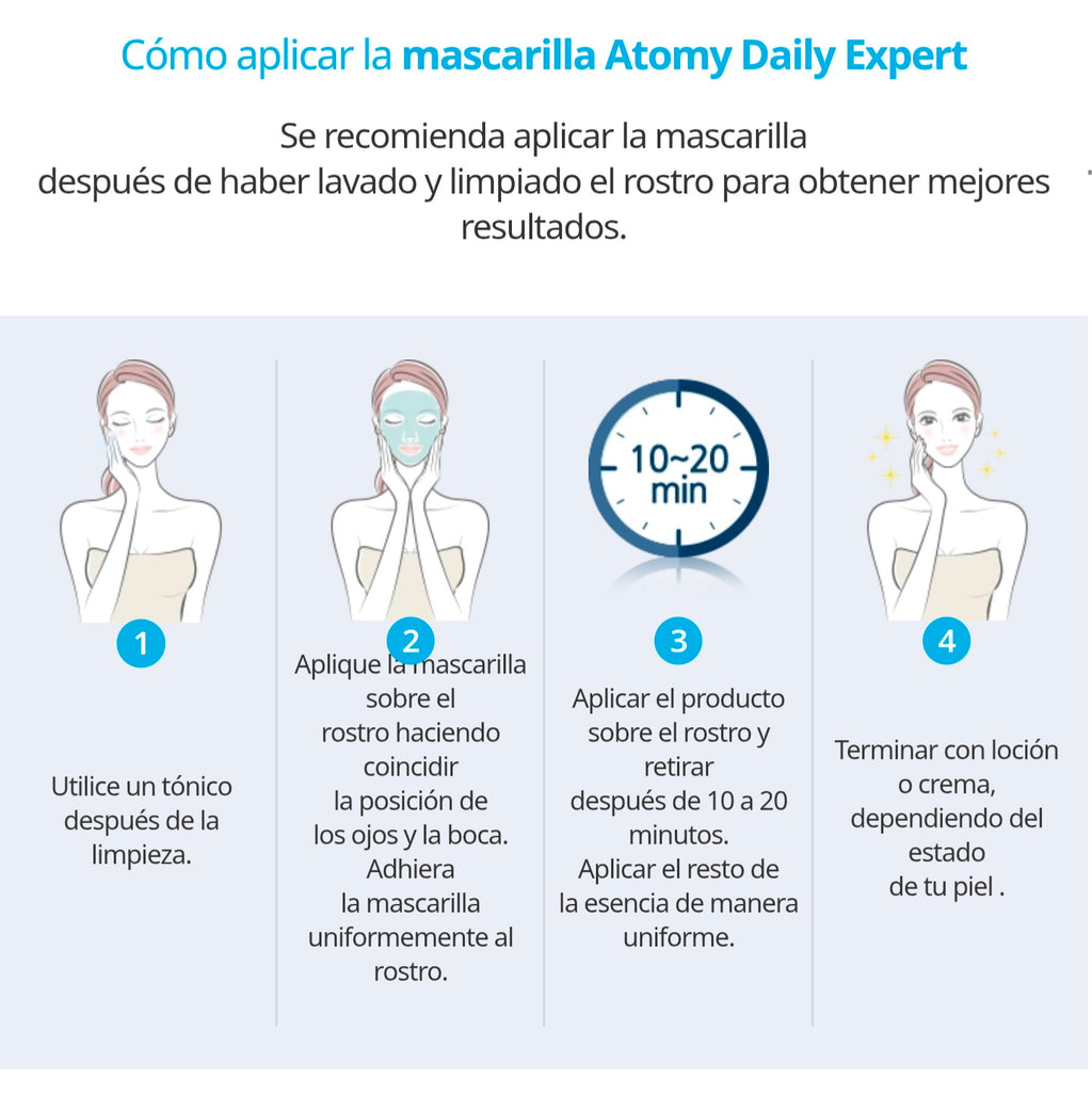 Modo de uso de Mascarilla Diaria en Hoja 10 Sobres x 24g, con Colágeno, Péptidos y Ginseng - Cosmética Coreana Atomy