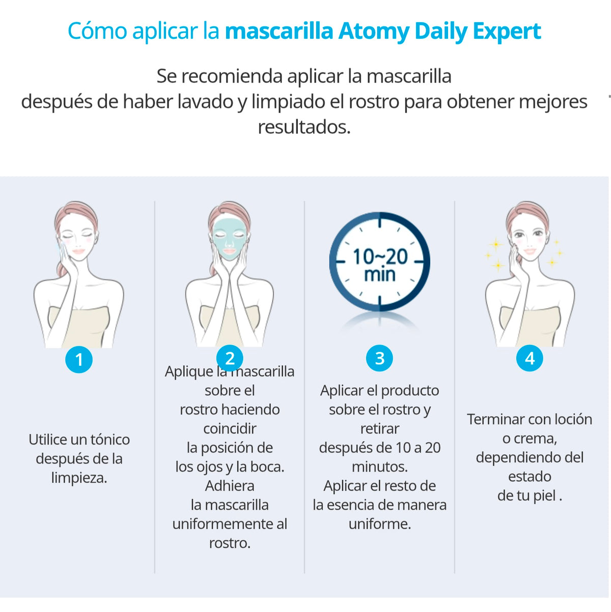 Modo de uso de Mascarilla Diaria en Hoja 10 Sobres x 24g, con Colágeno, Péptidos y Ginseng - Cosmética Coreana Atomy
