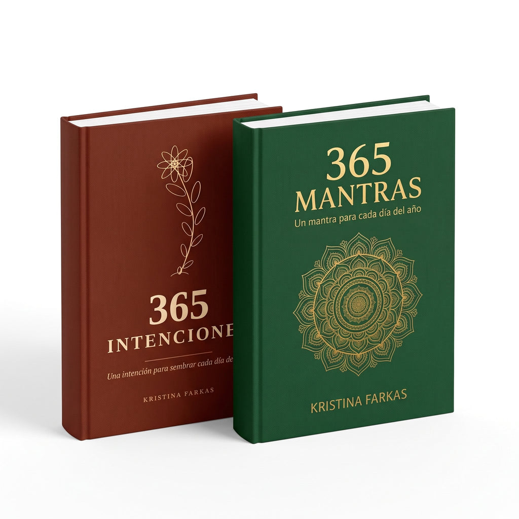 Pack de libros 365 Intenciones y 365 Mantras de Kristina Farkas en tapa dura, portadas terracota y verde con detalles dorados