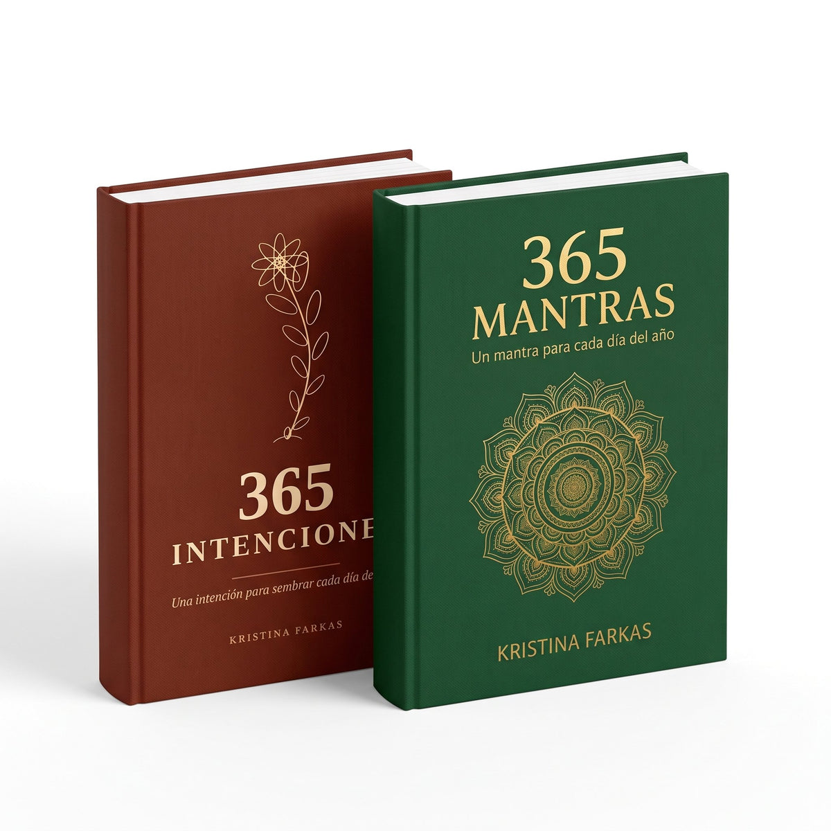 Pack de libros 365 Intenciones y 365 Mantras de Kristina Farkas en tapa dura, portadas terracota y verde con detalles dorados