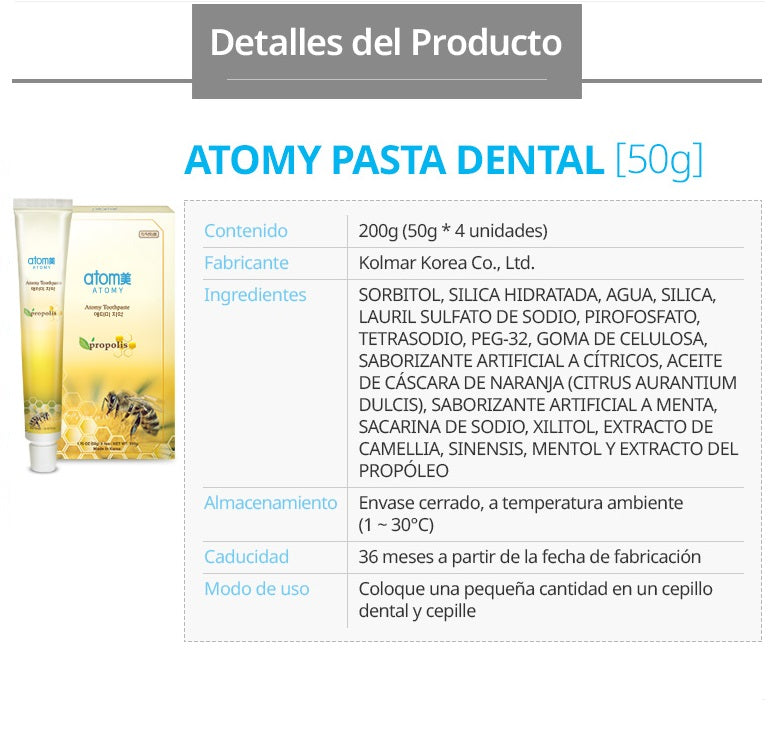 Pasta de Dientes Própolis Familiar 5 x 200g, Protección Natural y Efectiva - presentación y envase del producto - Cosmética Coreana Atomy