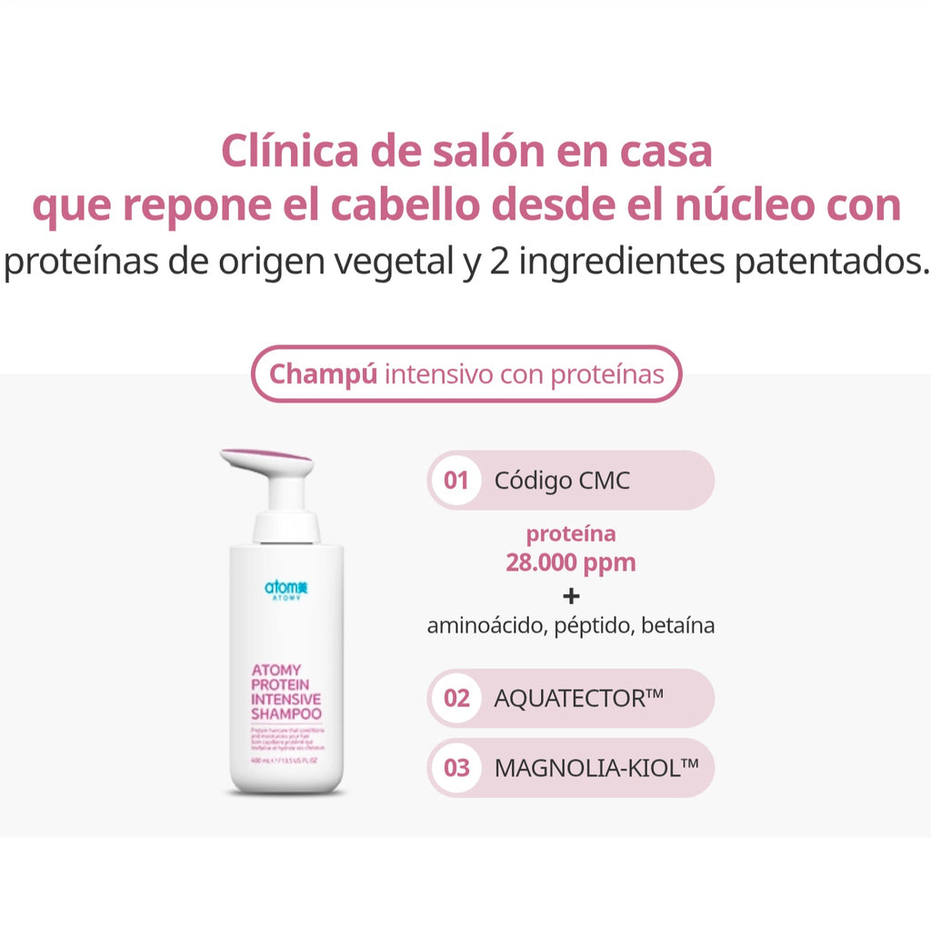 Champú Protein Intensive 400 Ml con Aloe Vera, Argán y Queratina, Cabello Tratado o Quebradizo - Cosmética Coreana Atomy