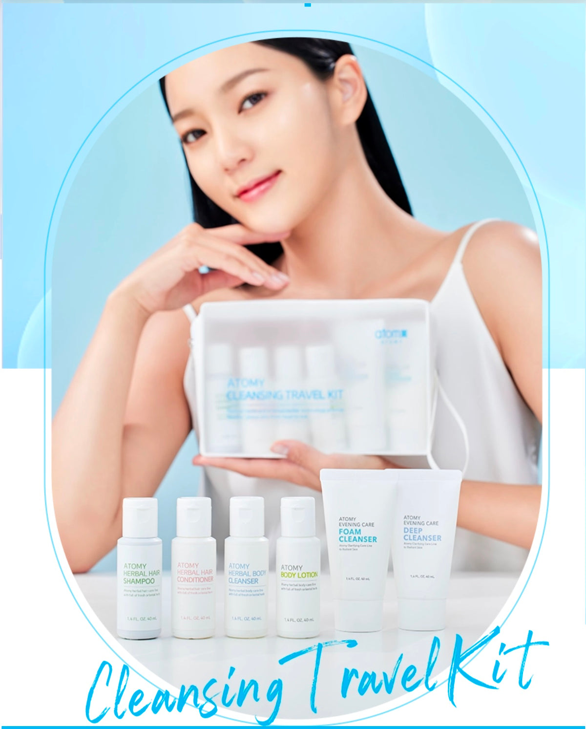 Set de Viaje Limpieza Facial, Capilar y Cuerpo, 6 Productos Esenciales 6 x 40 ml - presentación y envase del producto - Cosmética Coreana Atomy