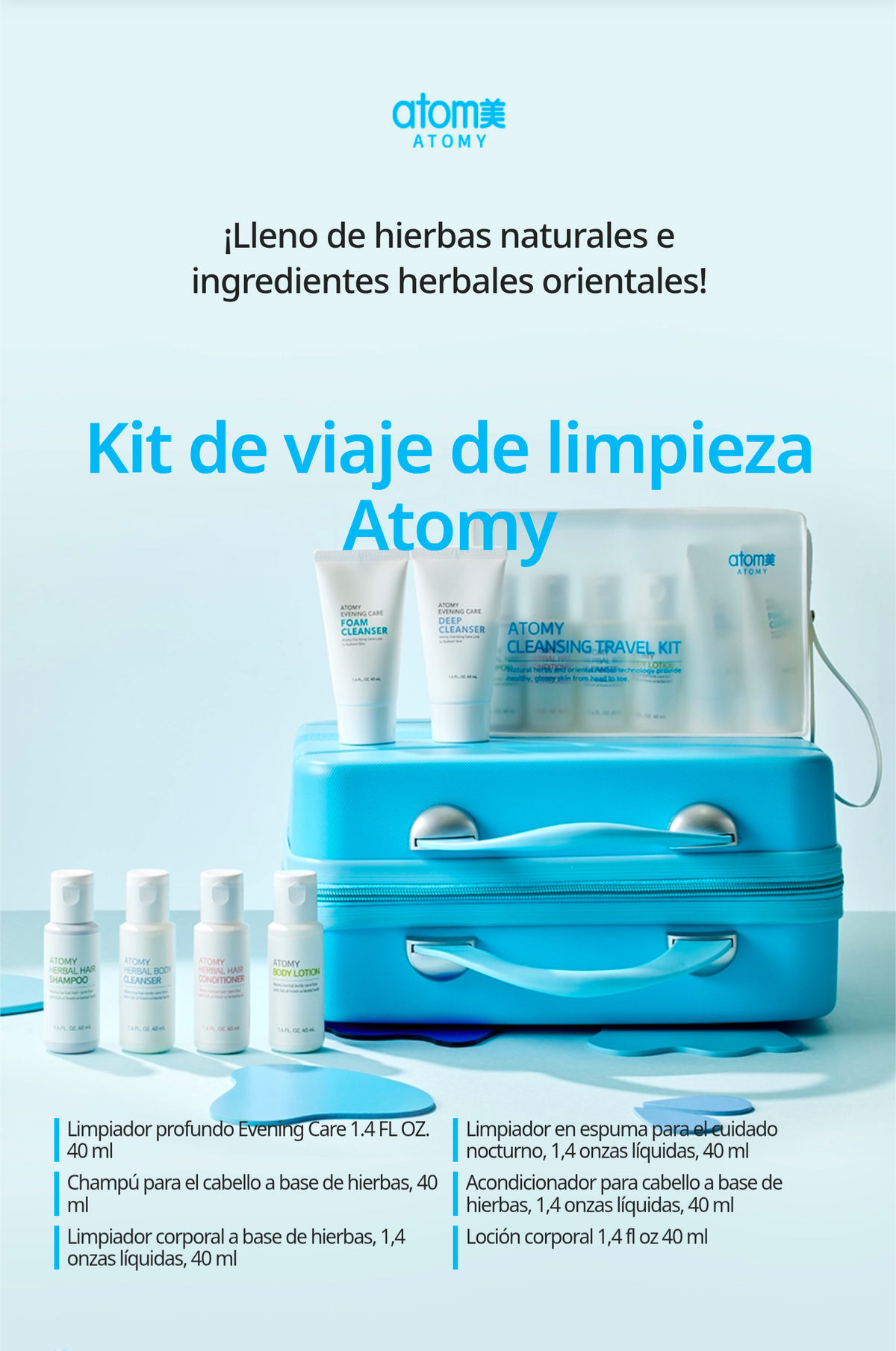 Set de Viaje Limpieza Facial, Capilar y Cuerpo, 6 Productos Esenciales 6 x 40 ml - presentación y envase del producto - Cosmética Coreana Atomy