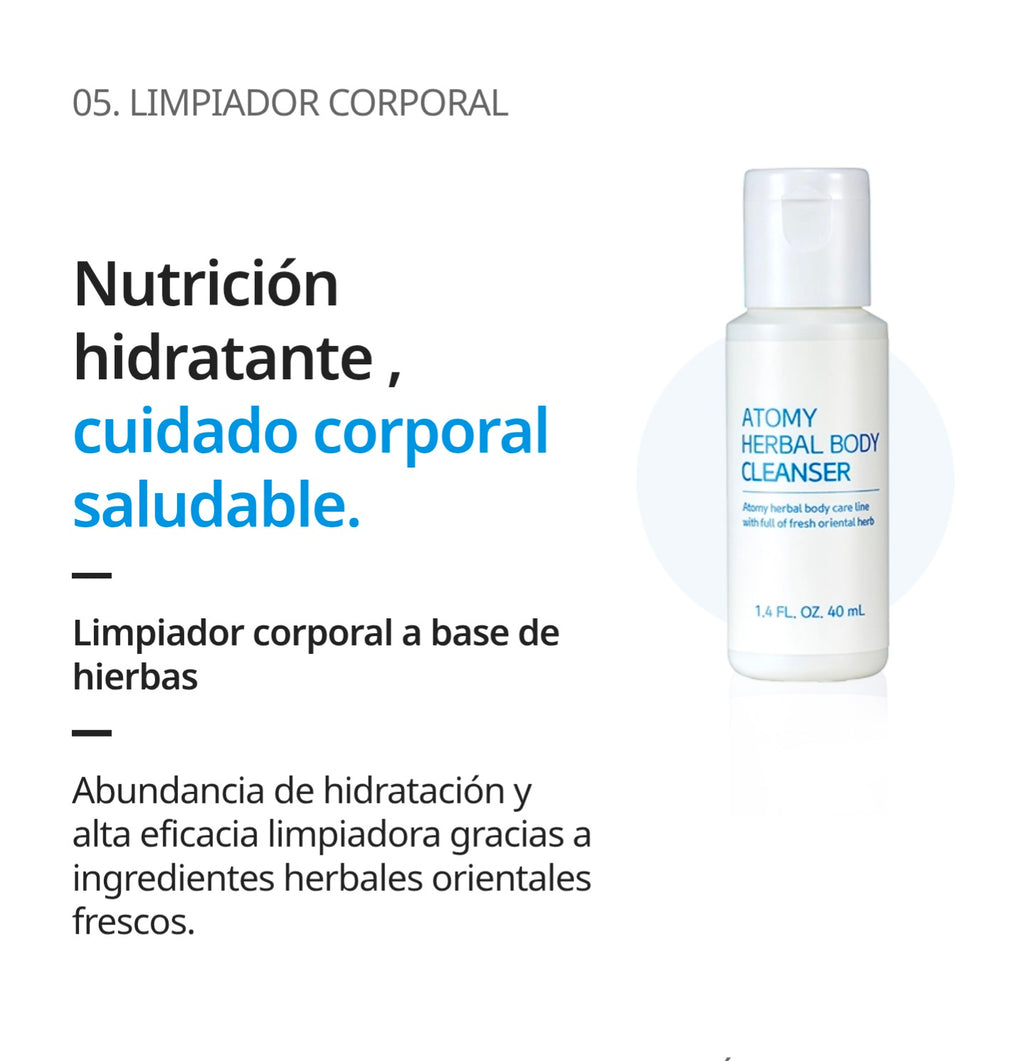 Set de Viaje Limpieza Facial, Capilar y Cuerpo, 6 Productos Esenciales 6 x 40 ml - presentación y envase del producto - Cosmética Coreana Atomy