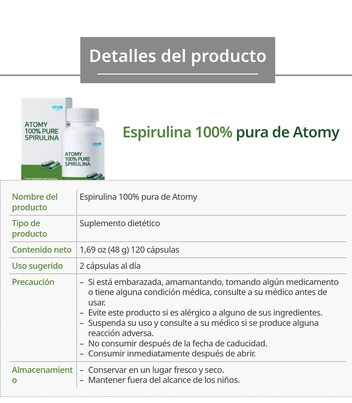 Spirulina 100% Pura, Alta en Proteínas, Vitaminas y Antioxidantes - vista adicional del producto (1) - Cosmética Coreana Atomy