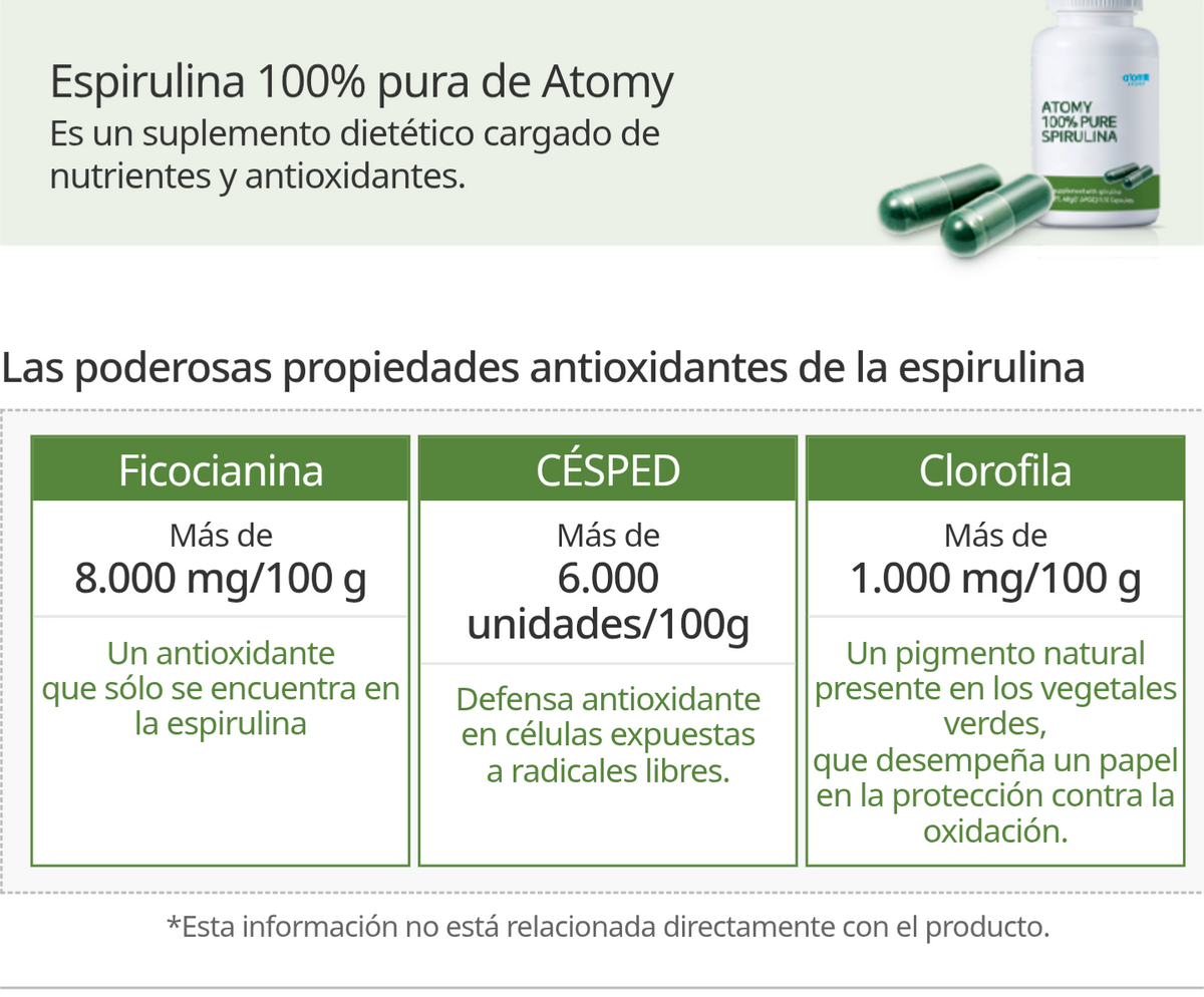 Spirulina 100% Pura, Alta en Proteínas, Vitaminas y Antioxidantes - vista adicional del producto (2) - Cosmética Coreana Atomy