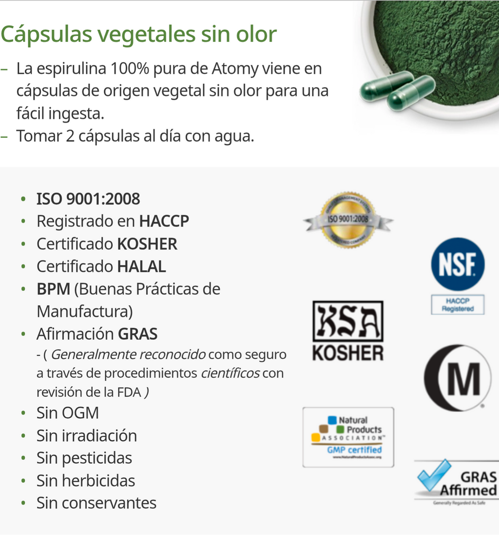 Spirulina 100% Pura, Alta en Proteínas, Vitaminas y Antioxidantes - vista adicional del producto (3) - Cosmética Coreana Atomy