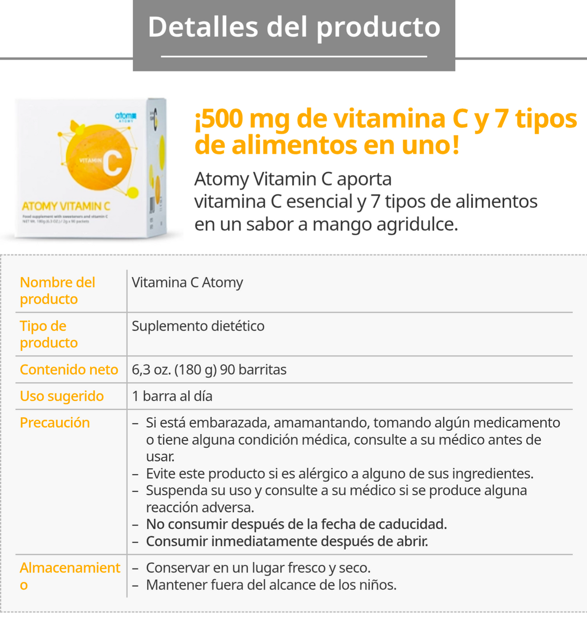 Vitamina C 180g, 90 Sobres de 2g c/u, Antioxidante con 7 Tipos de Alimentos - vista adicional del producto (1) - Cosmética Coreana Atomy